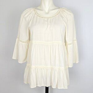 Spense Women's Boho Tiered Crochet Trim Peasant Top Cream Small